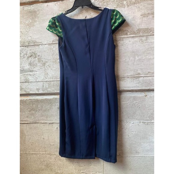 Eva Franco Navy Blue and Green Fitted Midi Dress - Picture 3 of 3